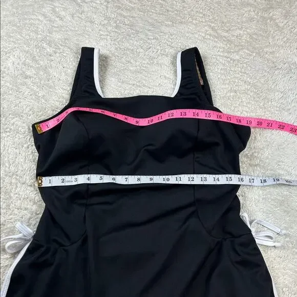 Vintage 90s does 60s T.H.E. black one piece swimsuit swim skirt, size 16 - Picture 4 of 8